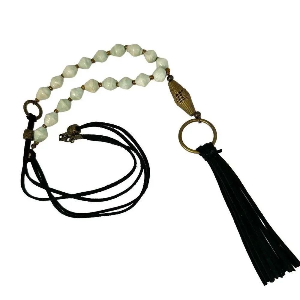 Blue paper beaded long black tassel necklace